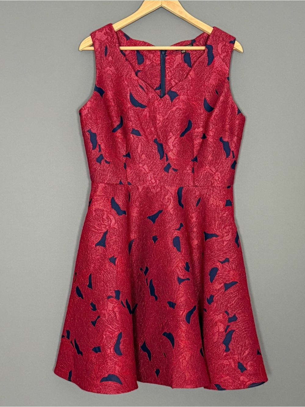 Alberto Makali Red & Navy Textured Jacquard Fit & Flare Cocktail Dress Womens 12